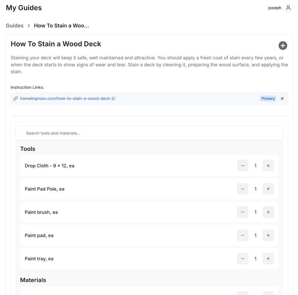 Home Improov Supply Lists