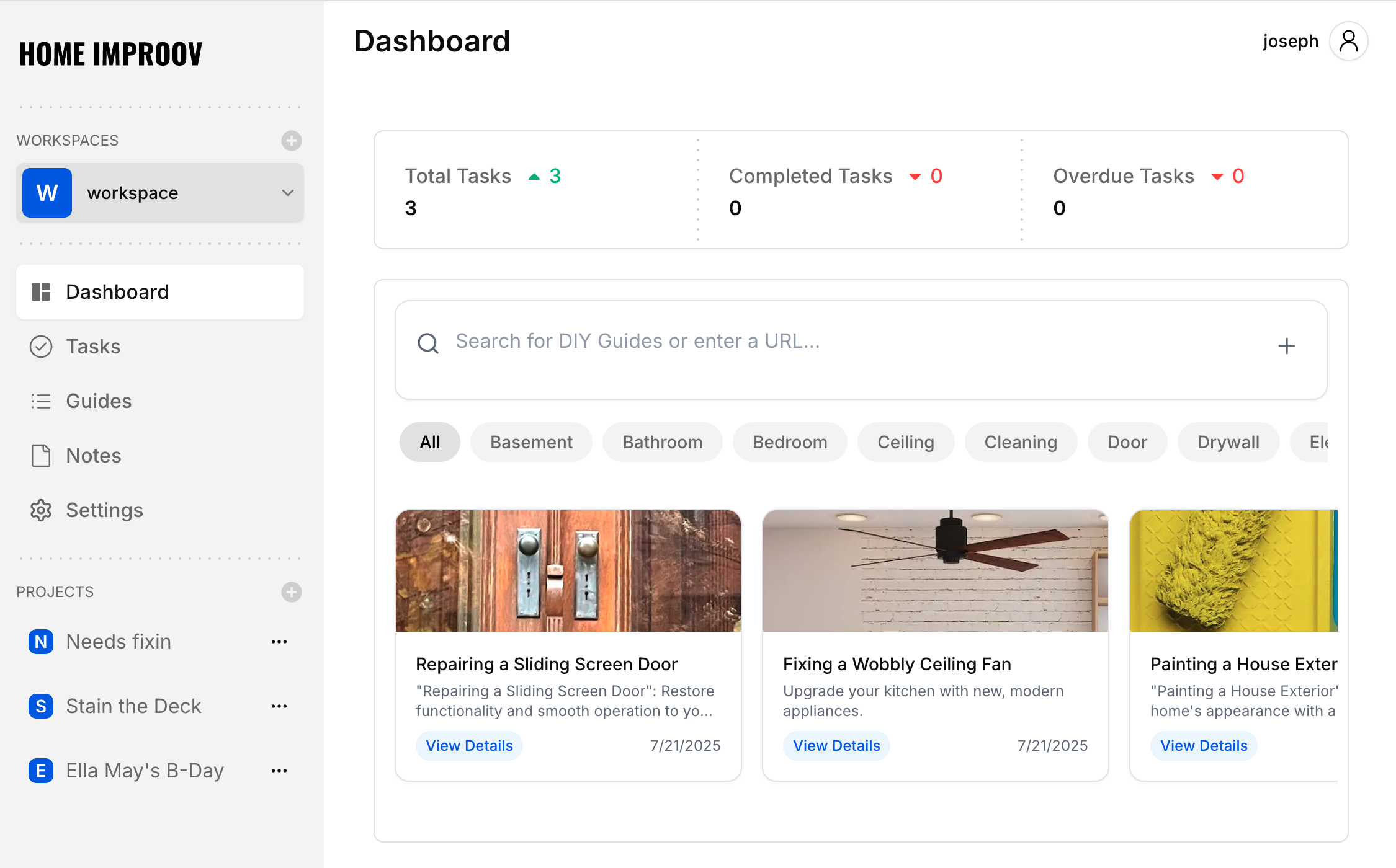 Home Improov App Dashboard