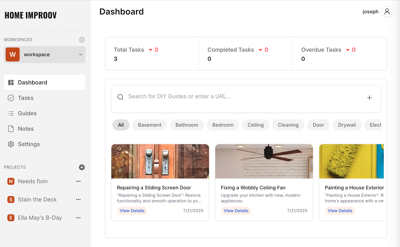 Home Improov App Dashboard